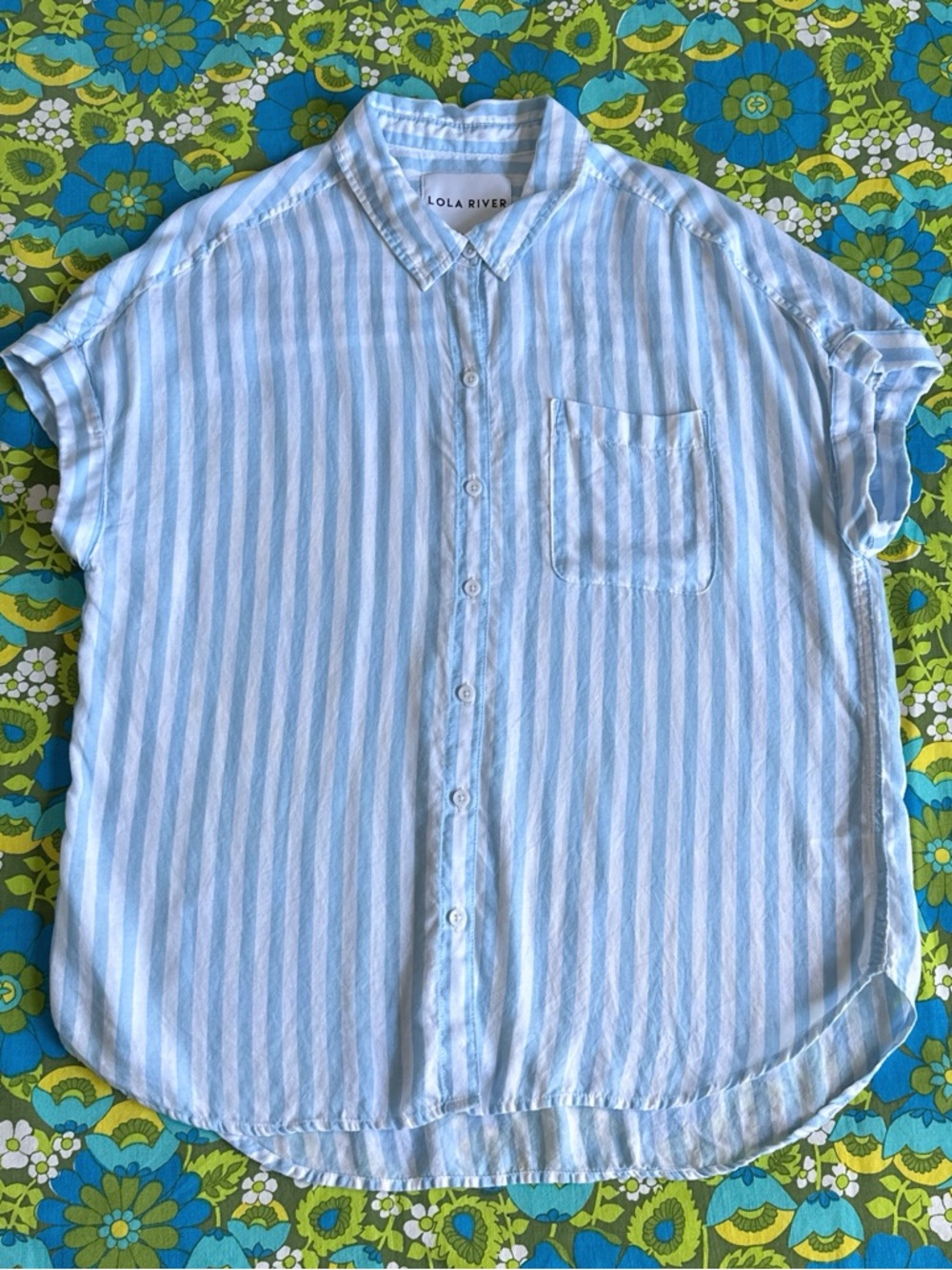 Women’s LOLA RIVER Blouse Top Blue & White Striped Button-Up Shirt summer shirt